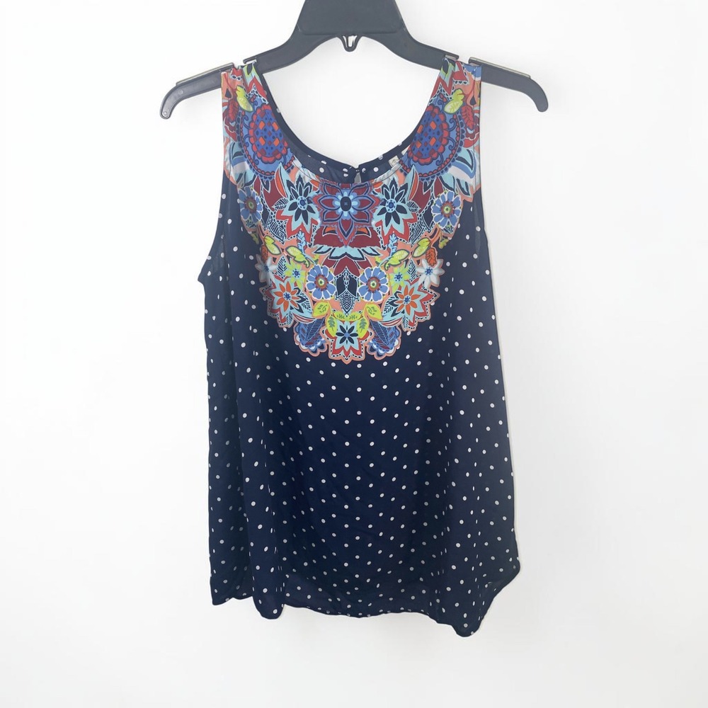 Est. 1946 Womens Large Navy Blue Polka Dot Floral Medallion Sleeveless Blouse
